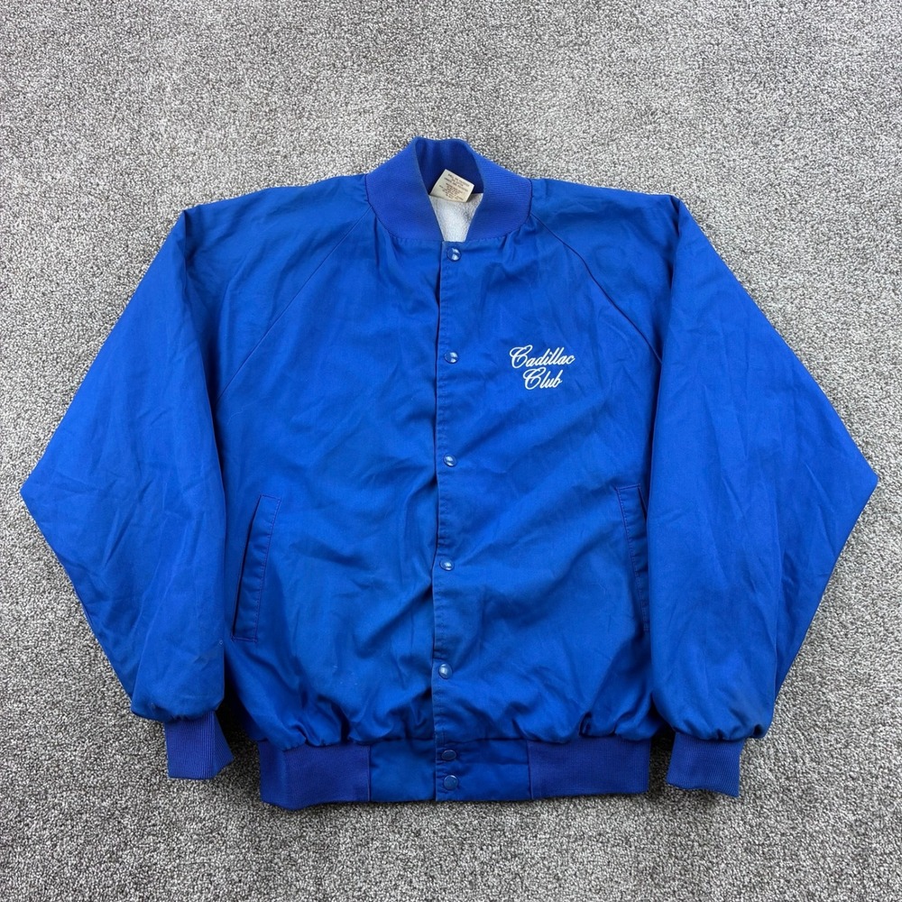 Vintage Cadillac Club Jacket Mens Large Blue Poly Cotton Bomber